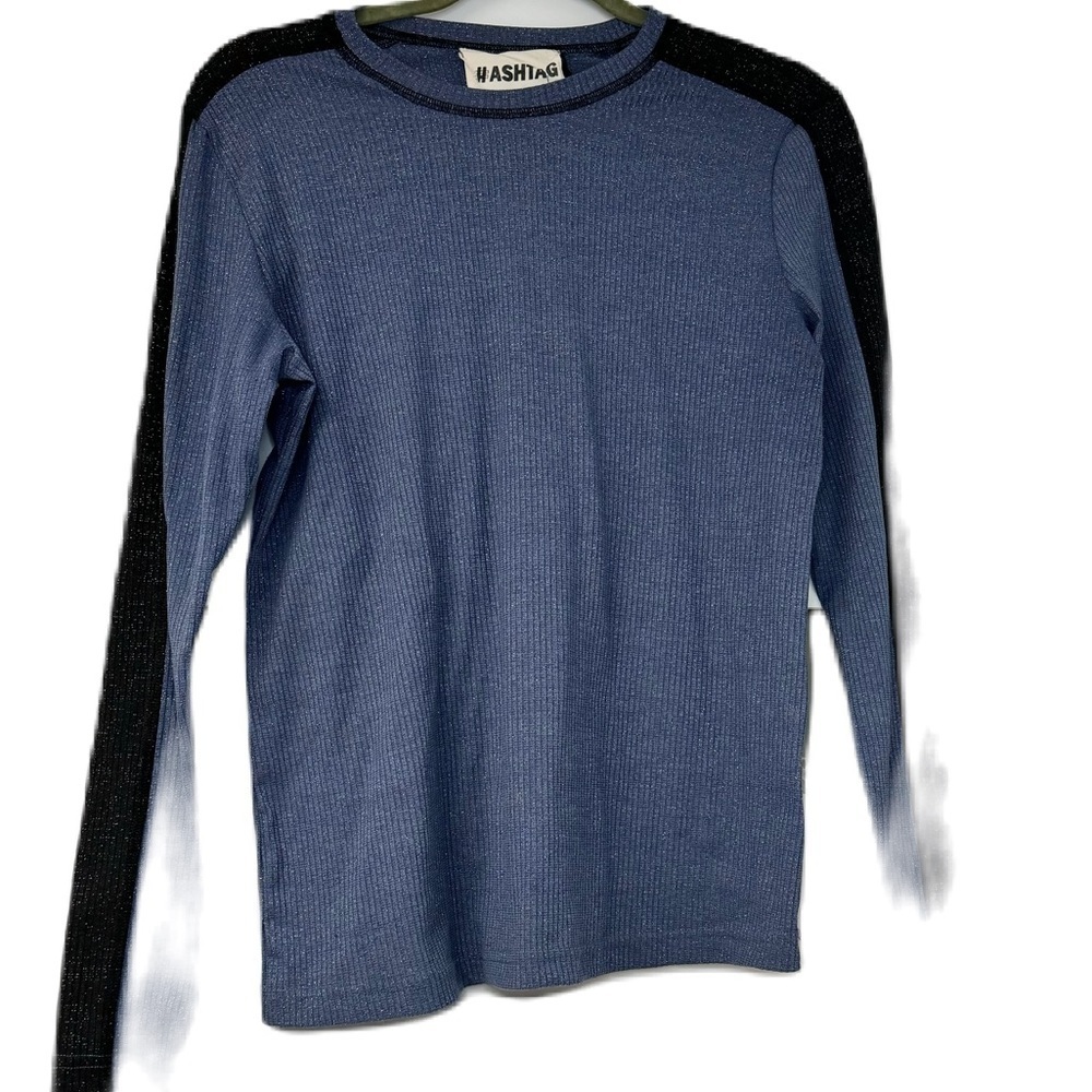 Hashtag woman’s  l blue black striped sleeve statement sleeve ribbed sparkle top